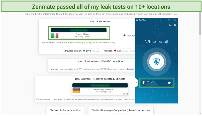 Screenshot of a leak test done on ipleak.net while connected to Zenmate's Italy server