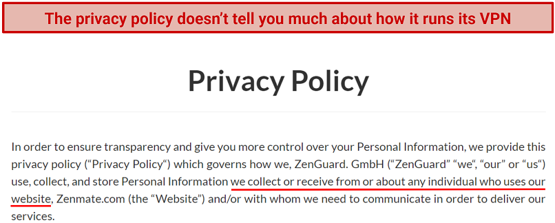 Screenshot of Zenmate's privacy policy highlighting the section that states the policy is just about the website