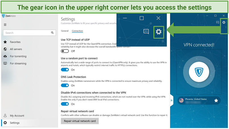 Screenshot of Zenmate UI for Windows highlighting where you can find the settings