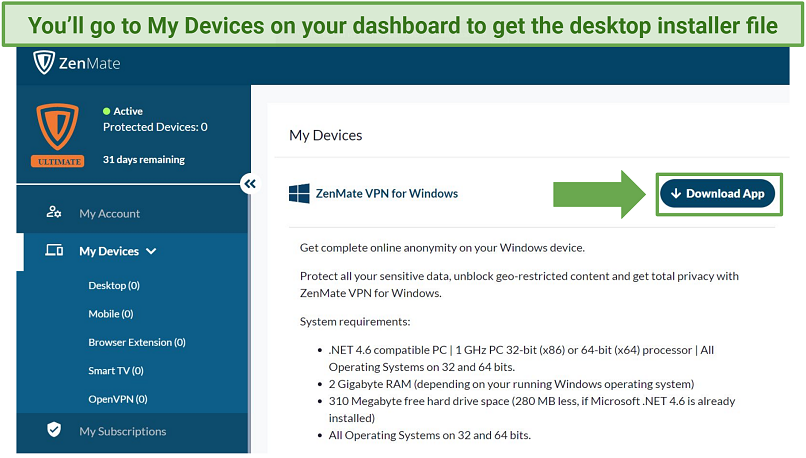 Screenshot of the Zenmate website showing you where to get the .exe file for Windows