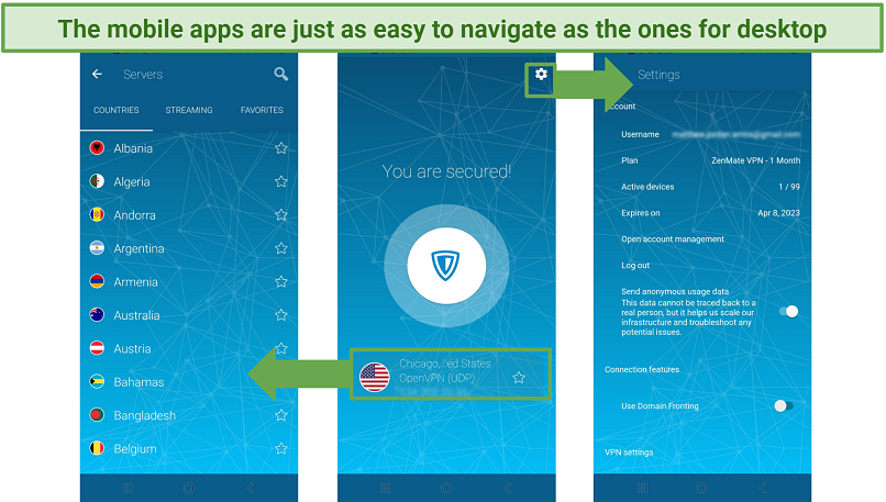 Screenshots of the Android app showing readers how to access each of its screens