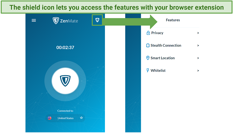 Screenshots of the Zenmate browser extension for Chrome highlighting where to find the features