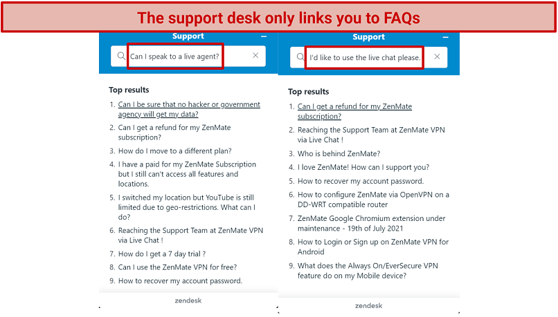 Screenshot of Zenmate support feature highlighting the lack of a live chat option