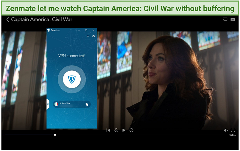 Screenshot of Disney+ player streaming Captain America: Civil War while connected to Zenmate's Disney+ IT server
