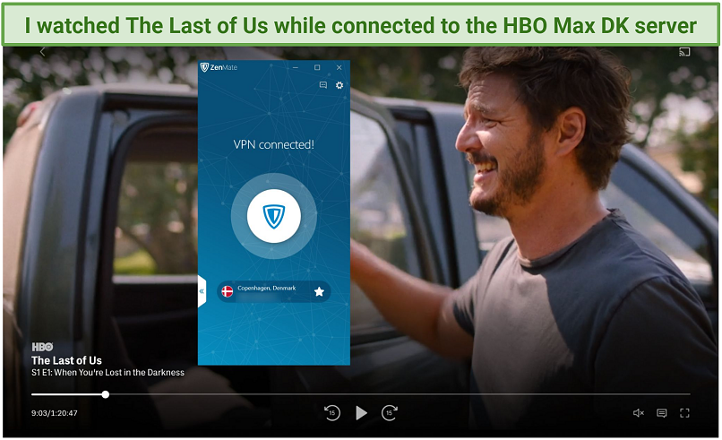 Screenshot of HBO Max player streaming The Last of US while connected to Zenmate's HBO Max DK server