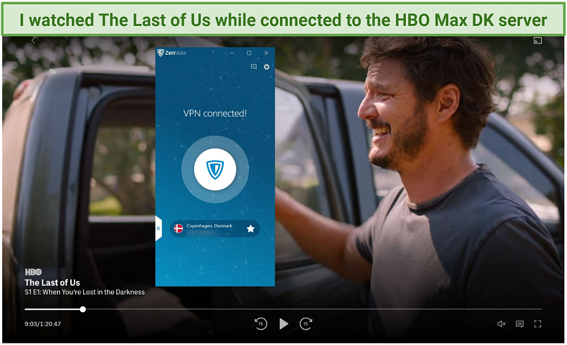 Captura de pantalla de HBO Max Player transmitiendo el último de nosotros mientras está conectado a Zenmate