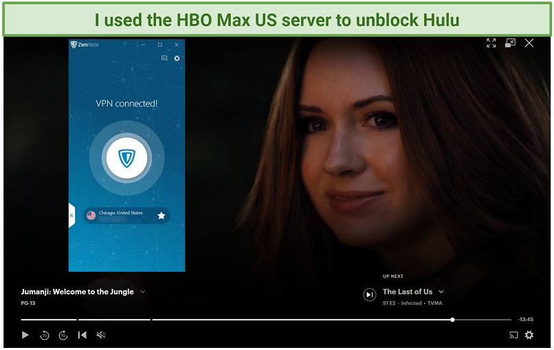 Screenshot of Hulu player streaming Jumanji: Welcome to the Jungle while connected to Zenmate's HBO Max US server