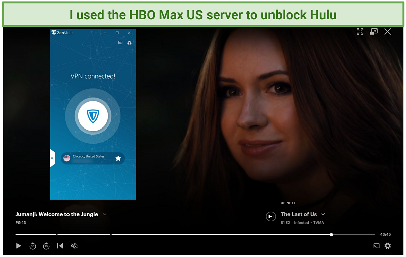 Captura de pantalla de Hulu Player Streaming Jumanji: Bienvenido a la jungla mientras está conectado a Zenmate