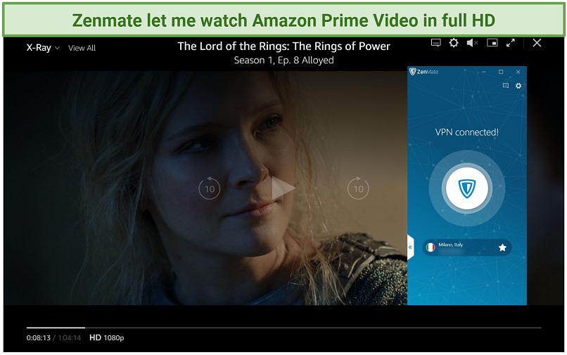 Screenshot of Amazon Prime Video player streaming The Rings of Power while connected to the Amazon Prime IT server