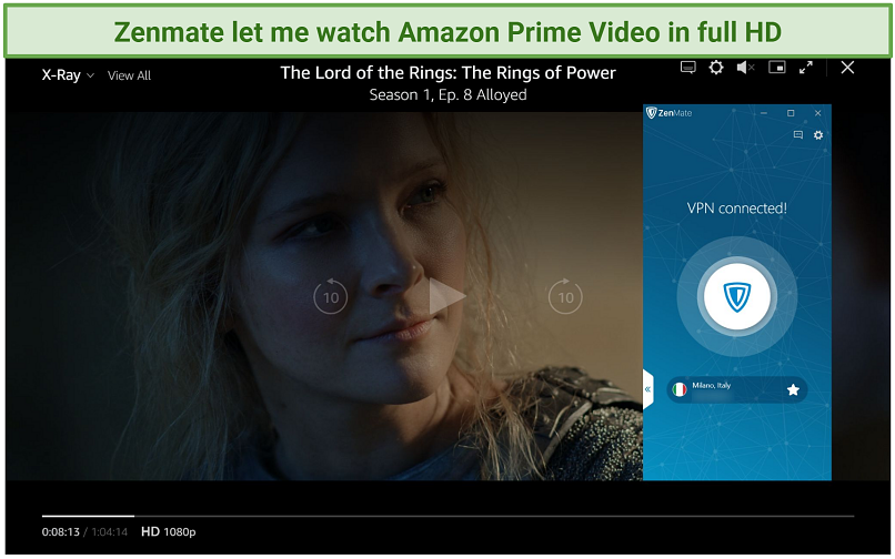 Captura de pantalla del reproductor de video Amazon Prime transmitiendo los anillos de potencia mientras está conectado al servidor Amazon Prime IT