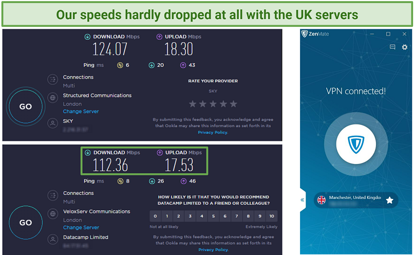 Captura de pantalla de las pruebas de velocidad de Ookla realizadas sin conexión VPN y mientras está conectado a Zenmate