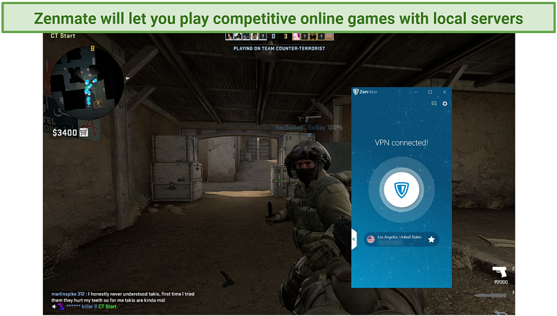 Screenshot of Steam running Counter Strike: Global Offensive while connected to Zenmate's US server