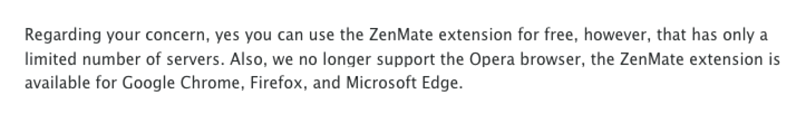 A screenshot of my conversation with ZenMate support about Opera