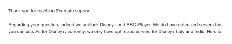 A screenshot of ZenMate customer support confirming it works with Disney+ and iPlayer
