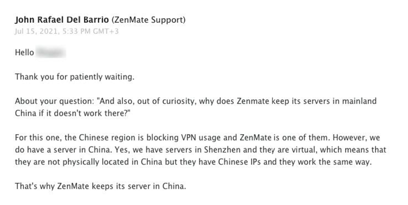 A screenshot of my conversation with ZenMate support about servers in China