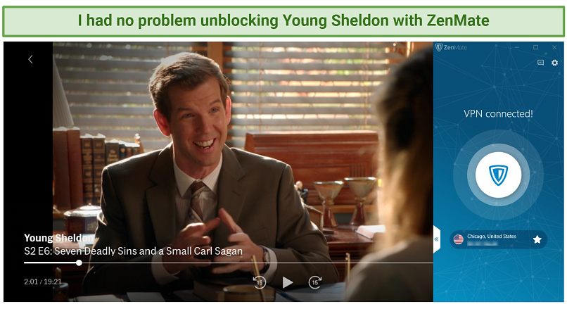 A screenshot of ZenMate capable of unblocking and streaming Young Sheldon show on HBO Max in Full HD
