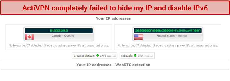 screenshot of ActiVPN IP, IPv6, and DNS test