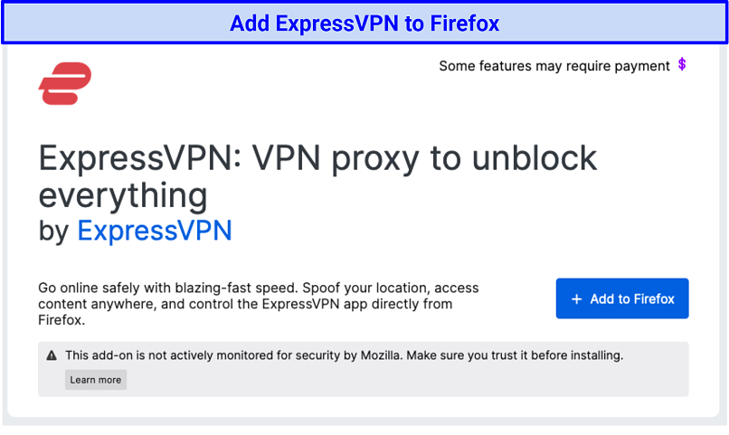 Screenshot of ExpressVPN in Firefox Add-On Store