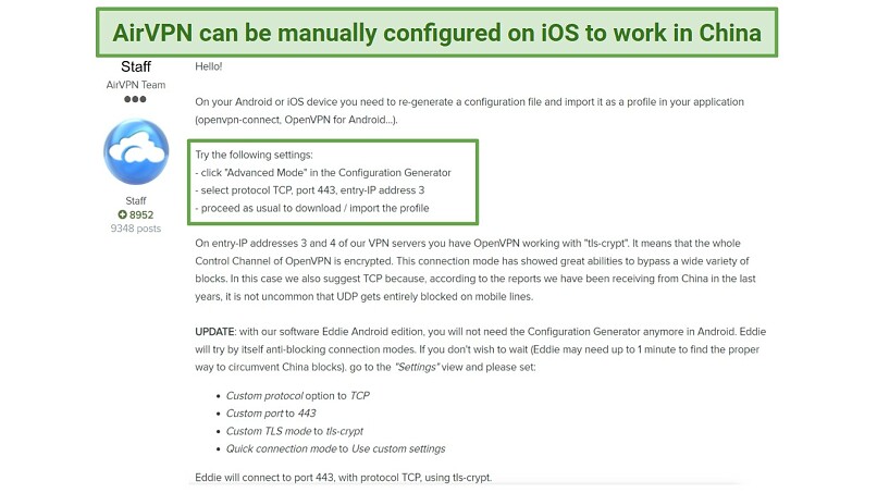 A screenshot from AirVPN's forum where the staff explain how to manually configure your Android or iOS device to work in China