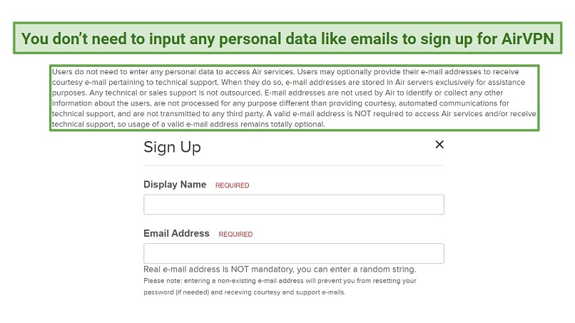 A screenshot from AirVPN's website stating that you don't need to use a real email address to sign up for its services