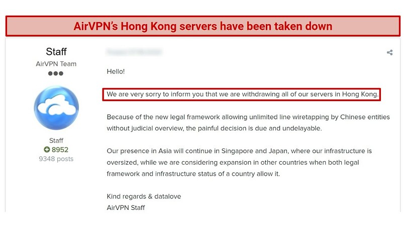 A screenshot showing AirVPN's staff announcement on the official forum that its Hong Kong servers have been taken down