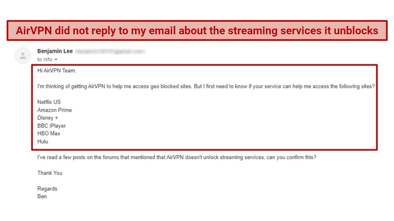 Screenshot of an email sent by the writer to AirVPN's customer service team asking which streaming services work