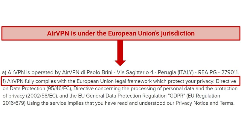 Screenshot from AirVPN's terms of service page which indicates that the service falls under the EU's jurisdiction