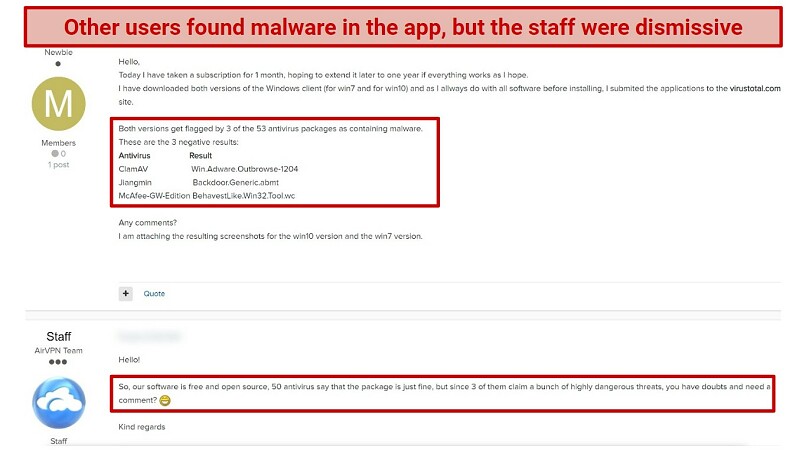 Screenshot from AirVPN's official forums showing that other users have also found malware on the Windows Eddie client installer