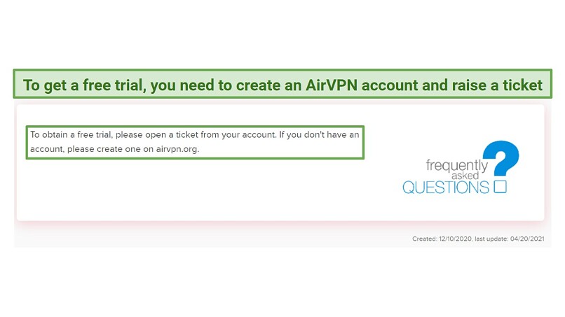 A screenshot from AirVPN's FAQs explaining how to get a free trial