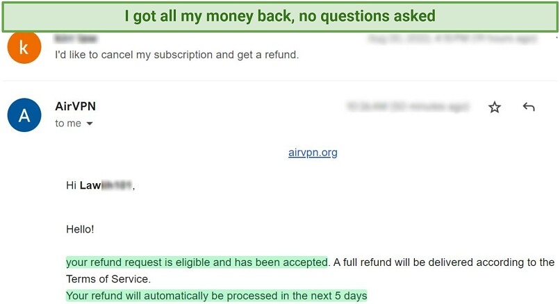 A screenshot showing AirVPN issues refunds
