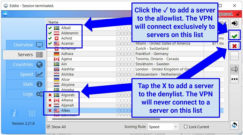 A screenshot showing how to whitelist and blocklist AirVPN servers