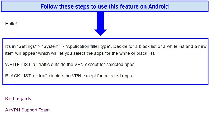 A screenshot showing the steps to activate the split tunneling feature in AirVPN's Android app.