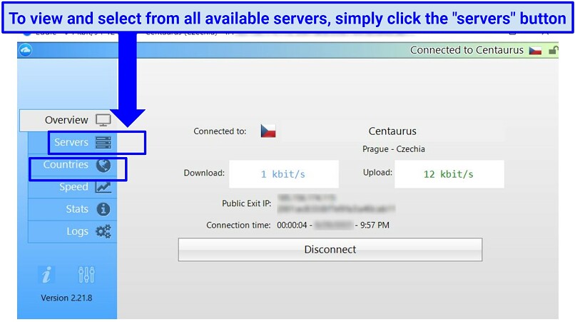 A screenshot showing the servers and countries tab on AirVPN's main screen