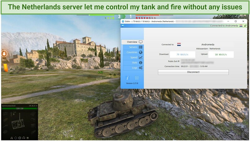 A screenshot showing playing World of Tanks while connected to AirVPN's Netherlands server