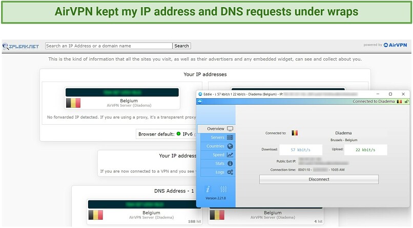 A screenshot showing AirVPN passed DNS/IP leak tests