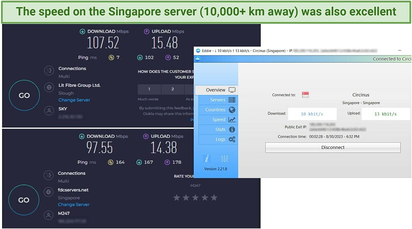 A screenshot of Ookla speed tests done while connected to AirVPN's Singapore server and with no VPN connected