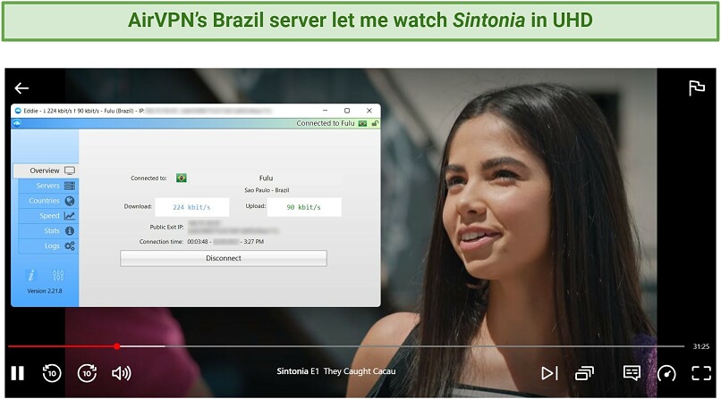 A screenshot of Netflix streaming Sintonia while connected to a Brazil AirVPN server