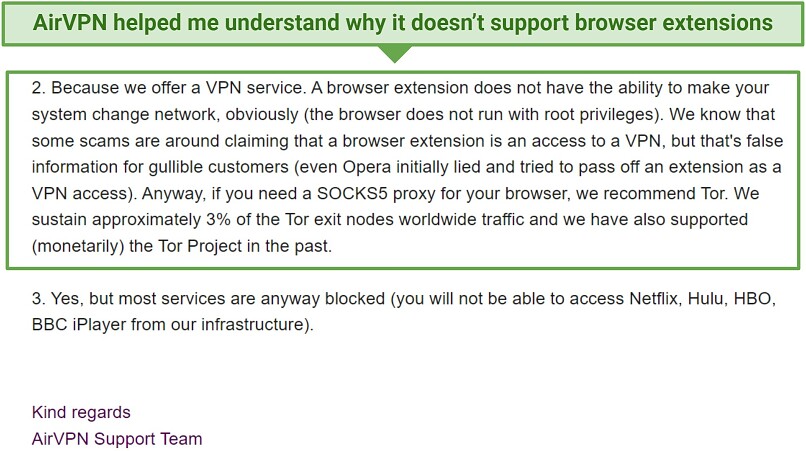 A screenshot showing AirVPN's support team helping me understand why it lacks browser extensions