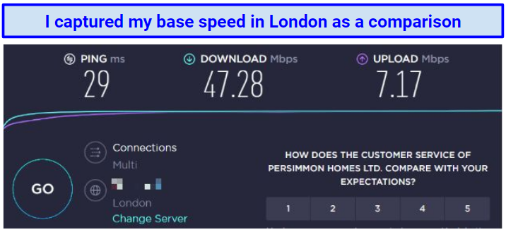 Screenshot showing Anonine VPN speed test for base speed in the UK