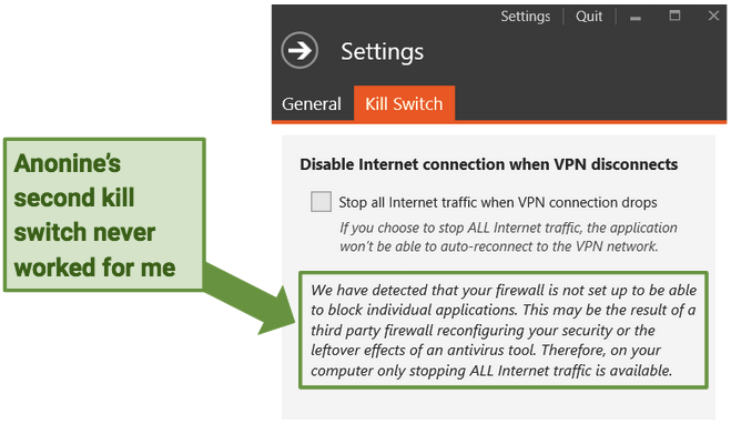 A screenshot of Anonine's kill switch settings, with a firewall error message