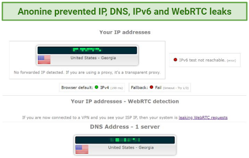 Screenshot showing no IP, DNS, WebRTC, or IPv6 leaks on Anonine VPN