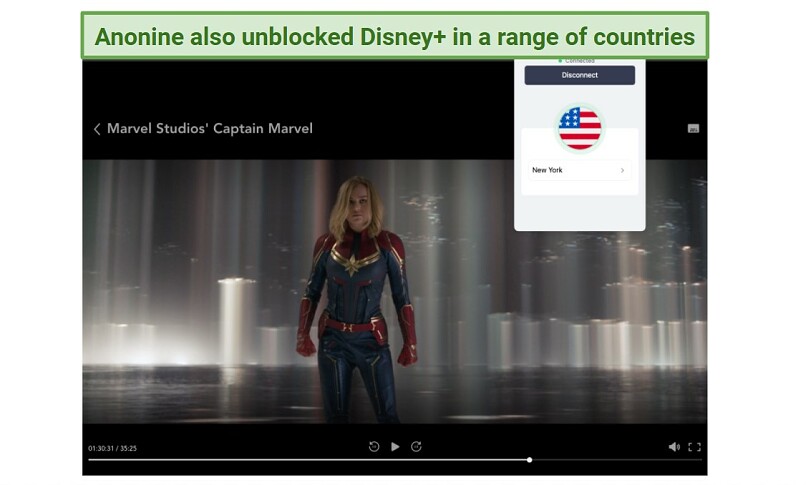 A screenshot of the VPN Anonine unblocking Disney+, with the Captain Marvel movie playing in the background.