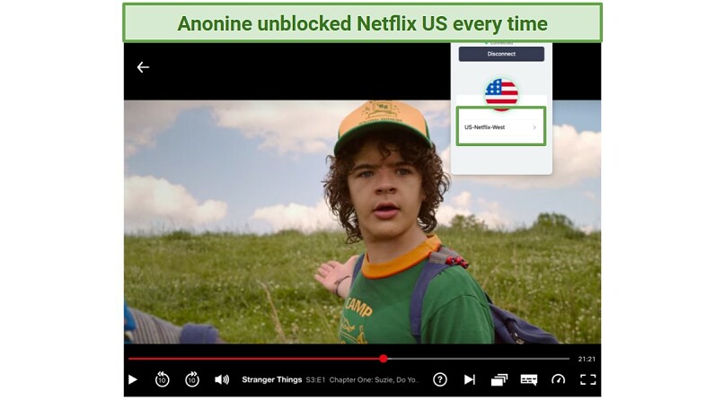 A screenshot of Anonine VPn unblocking Netflix, with Stranger Things S3:E1 streaming in the background.