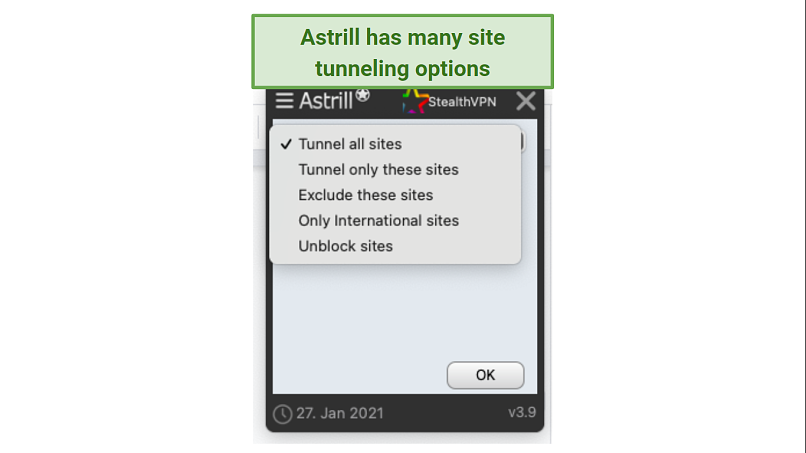 Une capture d'écran de l'application Astrill VPN montrant ses options de tunneling