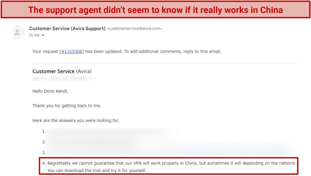 Screenshot of an email from Avira Phantom VPN customer support stating it can't guarantee it works in China