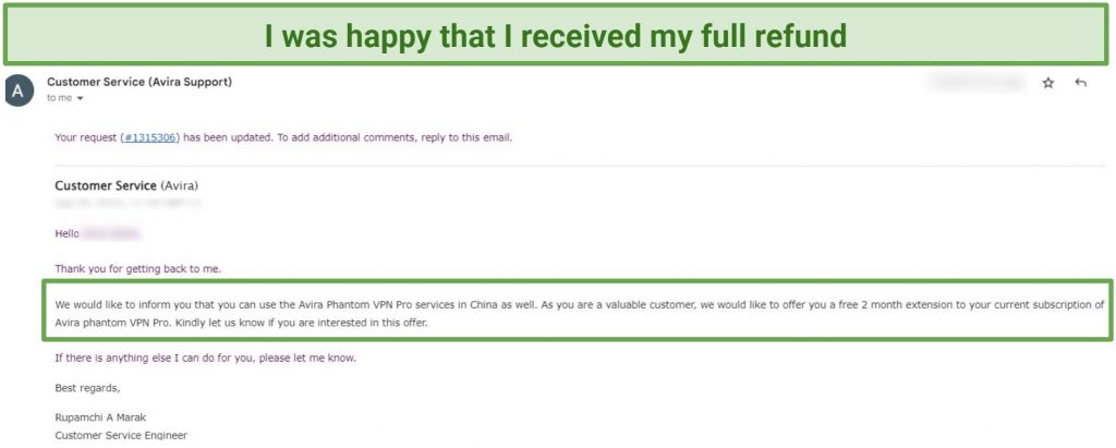 A screenshot of an email response with Avira agent offering me a 2 months of free service
