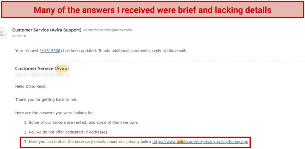 Screenshot of an email received from Avira Phantom VPN providing poor answers to questions about its privacy policy