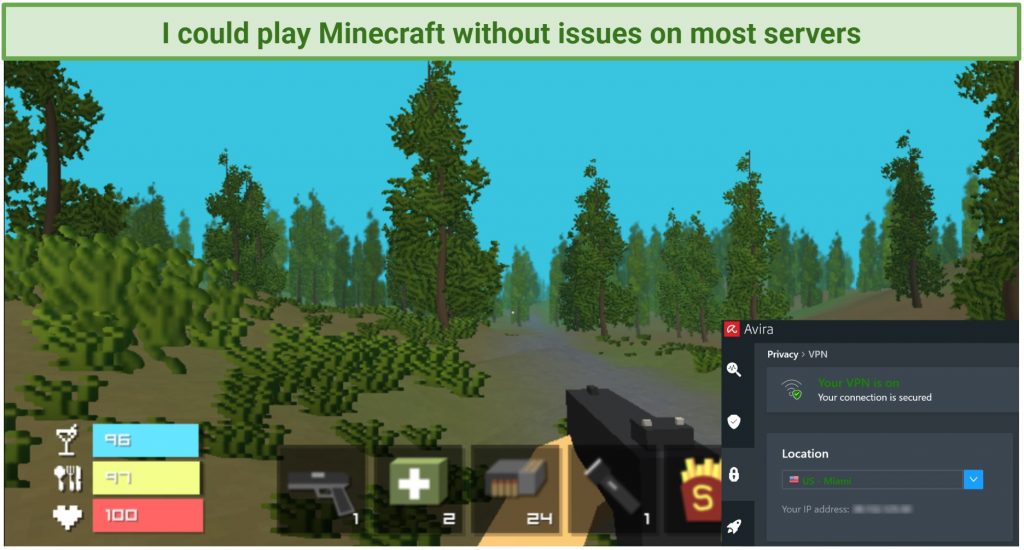 A snapshot showing the Minecraft game with Avira Phantom connected