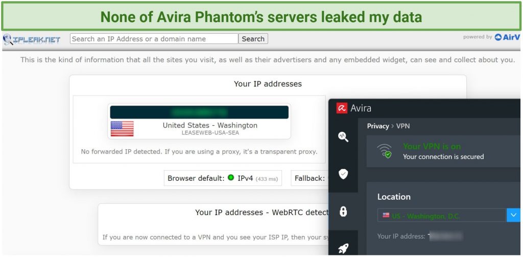 A snapshot showing IP leak test results while connected to Avira Phantom VPN