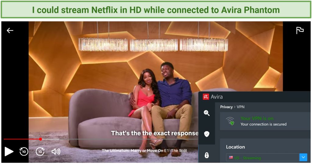Screenshot of Netflix player streaming The Ultimatum: Marry or Move On while connected to Avira Phantom VPN's US streaming server